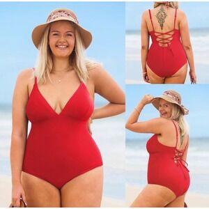 Cupshe Red V-Neck Lace Up Back One Piece Swimsuit D/DD Bust Support XXL NEW